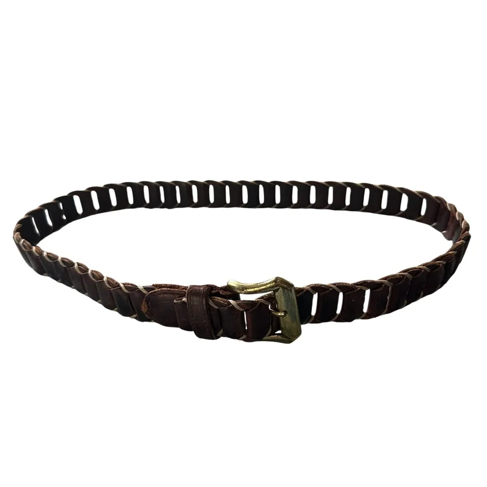 Great Land Mens M (34) Brown Leather Woven Belt Antiqued Brass Buckle
